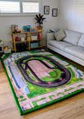 The Mega MyRaceMats speedway play mat, 200cm x 300cm, showing the dirt-oval race track layout